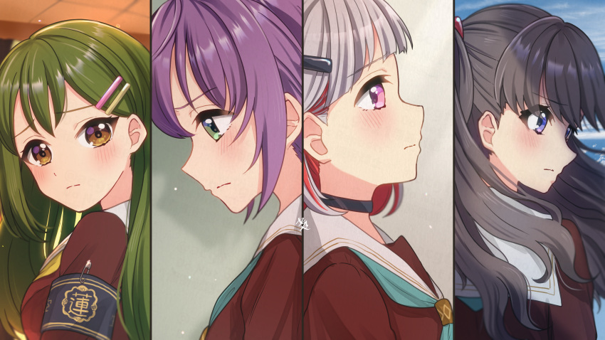 4girls aqua_neckerchief armband black_armband black_choker blush brown_dress brown_eyes brown_hair choker colored_inner_hair dress fujishima_megumi green_eyes green_hair grey_hair hair_ornament hairclip hasu_no_sora_school_uniform highres kyaku_tasu light_frown link!_like!_love_live! long_hair love_live! multicolored_hair multiple_girls neckerchief oogami_sachi otomune_kozue pink_eyes purple_eyes purple_hair red_hair sad safety_pin sailor_collar sailor_dress school_uniform short_hair sidelocks sideways_mouth split_mouth streaked_hair two_side_up virtual_youtuber white_sailor_collar winter_uniform yellow_neckerchief yugiri_tsuzuri