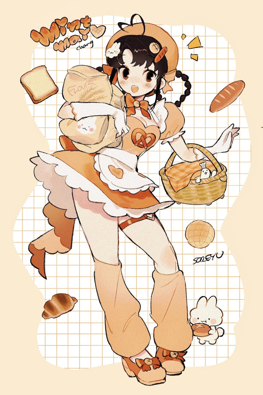1girl :o ahoge apron artist_name bag basket black_eyes black_hair blush_stickers border braid bread bread_hair_ornament bread_slice breasts character_name cleavage commentary_request croissant dress english_commentary flour food full_body gloves grid_background hair_ornament hair_ribbon hat heart heart_ahoge highres holding holding_basket indie_virtual_youtuber leg_warmers long_hair looking_at_viewer medium_breasts mintmai open_mouth pretzel puffy_short_sleeves puffy_sleeves rabbit ribbon shoes short_sleeves solo soreeyu_(sore-yu) standing thigh_strap waist_apron white_apron white_gloves