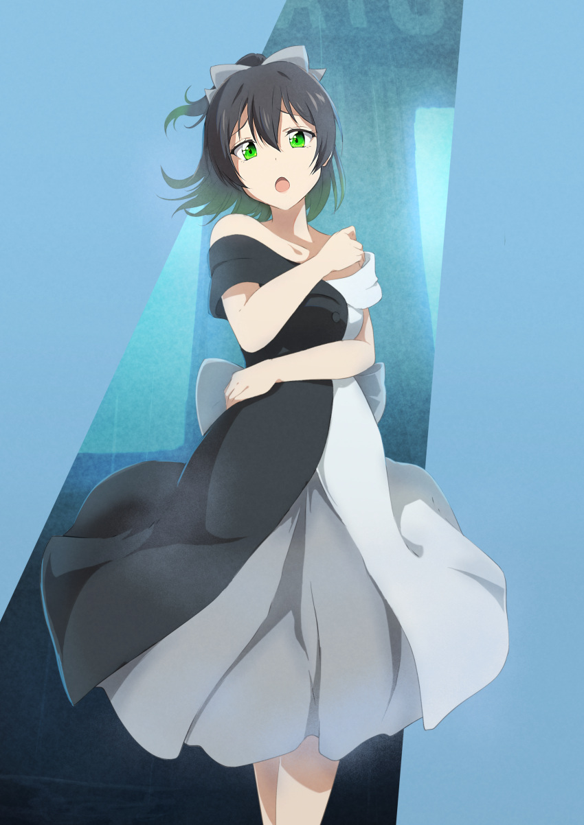 absurdres bare_shoulders black_hair bow dress green_eyes hair_bow hand_on_own_hip highres looking_at_viewer love_live! love_live!_nijigasaki_high_school_idol_club off-shoulder_dress off_shoulder open_mouth solitude_rain_(love_live!) takasaki_yu two-tone_dress zasshoku_ojisan