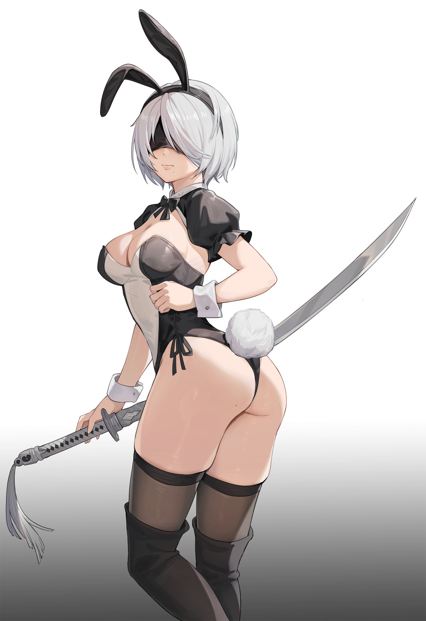 1girl 2b_(nier:automata) animal_ears ass black_thighhighs blindfold blush boots breasts cbmus cleavage facing_viewer grey_hair highres holding holding_sword holding_weapon katana looking_at_viewer mole mole_under_mouth nier:automata nier_(series) playboy_bunny rabbit_ears rabbit_tail short_hair shrug_(clothing) simple_background solo sword tail thigh_boots thighhighs weapon white_background