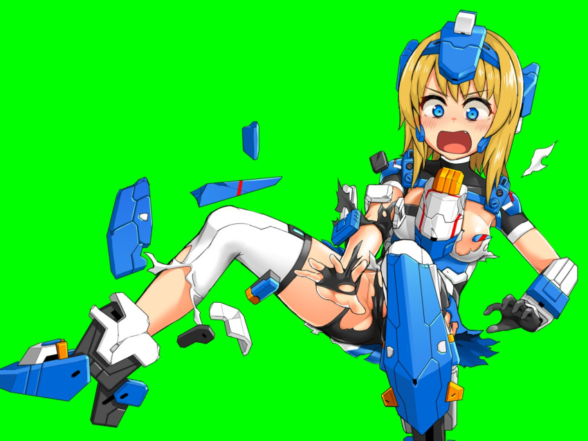 1girl ai_yori_akashi blonde_hair blue_eyes blush breasts cosmic_break cosmic_break_2 embarrassed fang headgear highres matoi_(cosmic_break_2) mecha_musume medium_breasts open_mouth outstretched_arm short_hair thighhighs torn_clothes