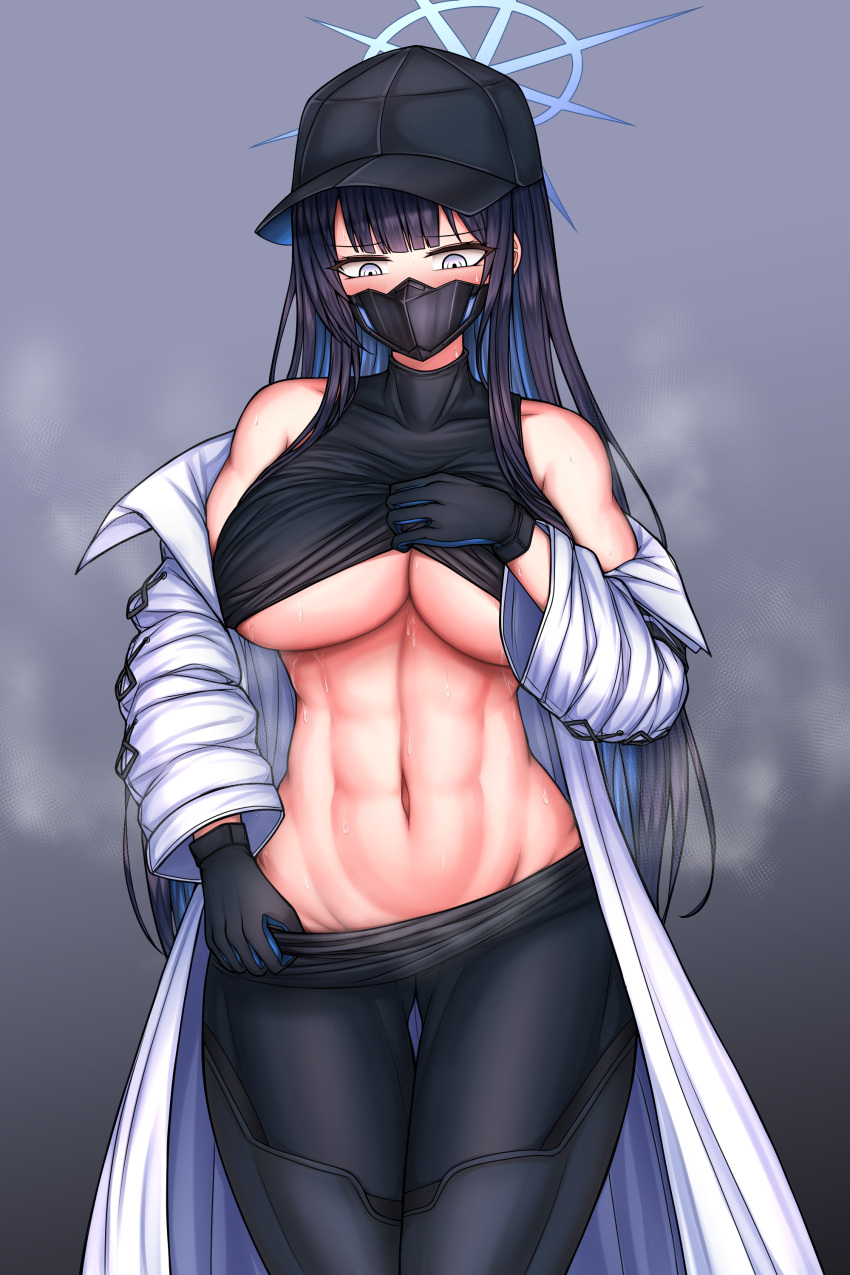 1girl abs absurdres bare_shoulders baseball_cap black_hair black_hat black_mask black_pants black_shirt blue_archive blue_eyes blue_hair blue_halo blunt_bangs blush breasts buckle ch_(charchive15) clothes_lift clothes_pull coat colored_inner_hair covered_collarbone covered_mouth cowboy_shot crop_top gloves grey_background groin halo hat highres large_breasts lifted_by_self long_hair long_sleeves looking_down mask mouth_mask multicolored_hair navel nose_blush off_shoulder open_clothes open_coat pants pants_pull pulled_by_self saori_(blue_archive) shirt shirt_lift sidelocks simple_background sleeveless sleeveless_shirt snap-fit_buckle solo standing steaming_body stomach sweat thigh_gap two-tone_hair underboob white_coat