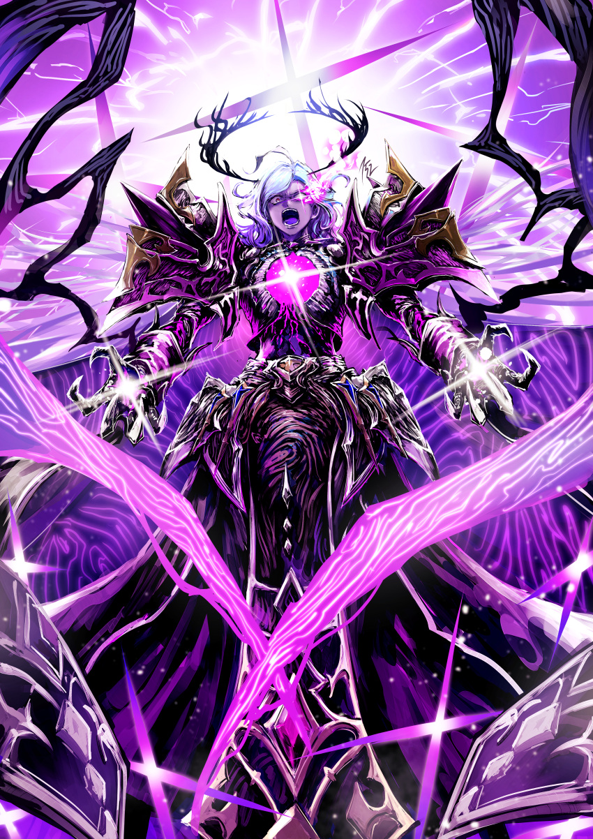 152_in_can 1boy absurdres angry armor belt black_fire black_gloves cape edmond_dantes_(fate) fate/grand_order fate_(series) fire flaming_hand furious gauntlets gloves gradient_hair grey_hair highres looking_at_viewer male_focus multicolored_hair purple_fire red_eyes shoulder_armor solo the_count_of_monte_cristo_(fate)