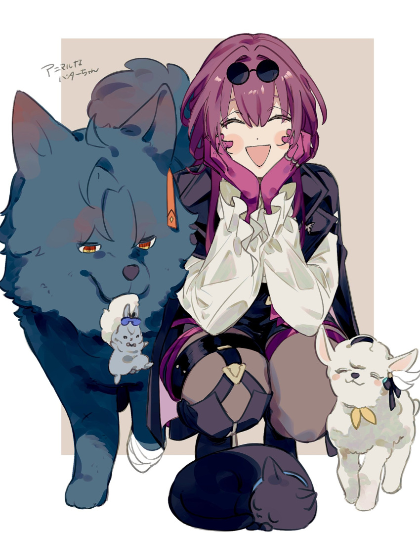 1girl :d animal_ears animalization black_jacket black_pantyhose blade_(honkai:_star_rail) blush_stickers border brown_background cat closed_eyes dog eyewear_on_head firefly_(honkai:_star_rail) frills gloves hair_intakes hands_on_own_cheeks hands_on_own_face highres honkai:_star_rail honkai_(series) jacket jacket_on_shoulders lamb long_hair outside_border pantyhose pince-nez purple_gloves purple_hair rabbit_ears sheep shirt shrek silver_wolf_(honkai:_star_rail) smile solo sorako_(yoshida_t) squatting thigh_strap white_border white_shirt