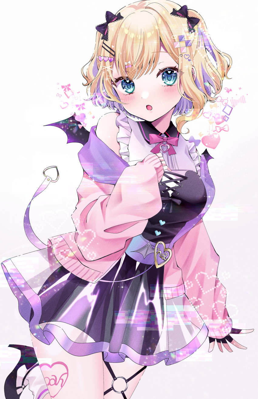 1girl absurdres belt blonde_hair blue_eyes blush bow chibana_sora collared_shirt dress fingerless_gloves frilled_sleeves frills gloves hair_bow hair_ornament hairclip heart heart_hair_ornament high_heels highres kurumi_noah leg_tattoo long_sleeves looking_at_viewer multicolored_hair neck_ribbon o-ring o-ring_thigh_strap open_mouth purple_hair ribbon see-through see-through_skirt shirt short_hair skirt sleeves_past_wrists socks solo standing standing_on_one_leg tattoo thigh_strap two_side_up virtual_youtuber vspo! x_hair_ornament