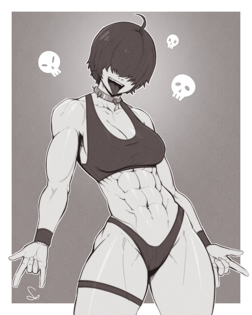 1girl abs absurdres armlet bare_arms bare_shoulders bracelet breasts choker cleavage hair_over_eyes highleg highleg_panties highres jewelry long_bangs monochrome muscular muscular_female navel open_mouth original panties simple_background sketch skull solo speedl00ver sports_bra standing teeth thigh_strap thighs tomboy tongue tongue_out two-tone_background underwear upper_teeth_only