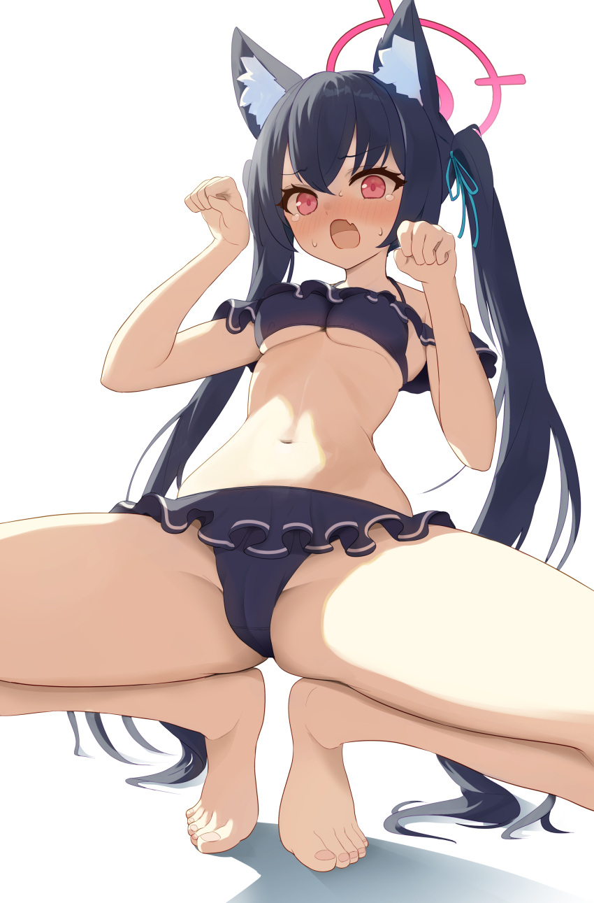 1girl absurdres animal_ear_fluff animal_ears aoto_mei bikini bikini_skirt black_bikini black_hair blue_archive blush breasts cameltoe cat_ears commentary embarrassed fang feet frilled_bikini frills halo highres long_hair looking_at_viewer medium_breasts navel nose_blush off-shoulder_bikini off_shoulder official_alternate_costume open_mouth paw_pose pink_halo red_eyes ribbon serika_(blue_archive) serika_(swimsuit)_(blue_archive) skin_fang solo spread_legs stomach sweat swimsuit tearing_up twintails underboob white_background