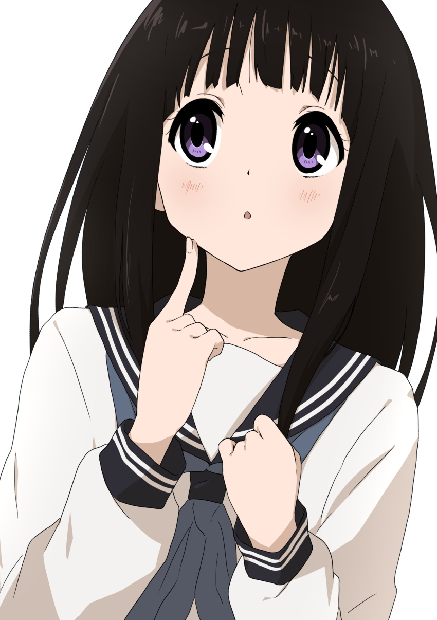 1girl absurdres black_hair black_sailor_collar blush chitanda_eru commentary_request dot_nose facing_viewer hands_up highres hyouka index_finger_raised kamiyama_high_school_uniform_(hyouka) kicchi_(tmgk) long_hair long_sleeves looking_up parted_lips purple_eyes sailor_collar school_uniform sidelocks simple_background solo tareme thinking upper_body white_background