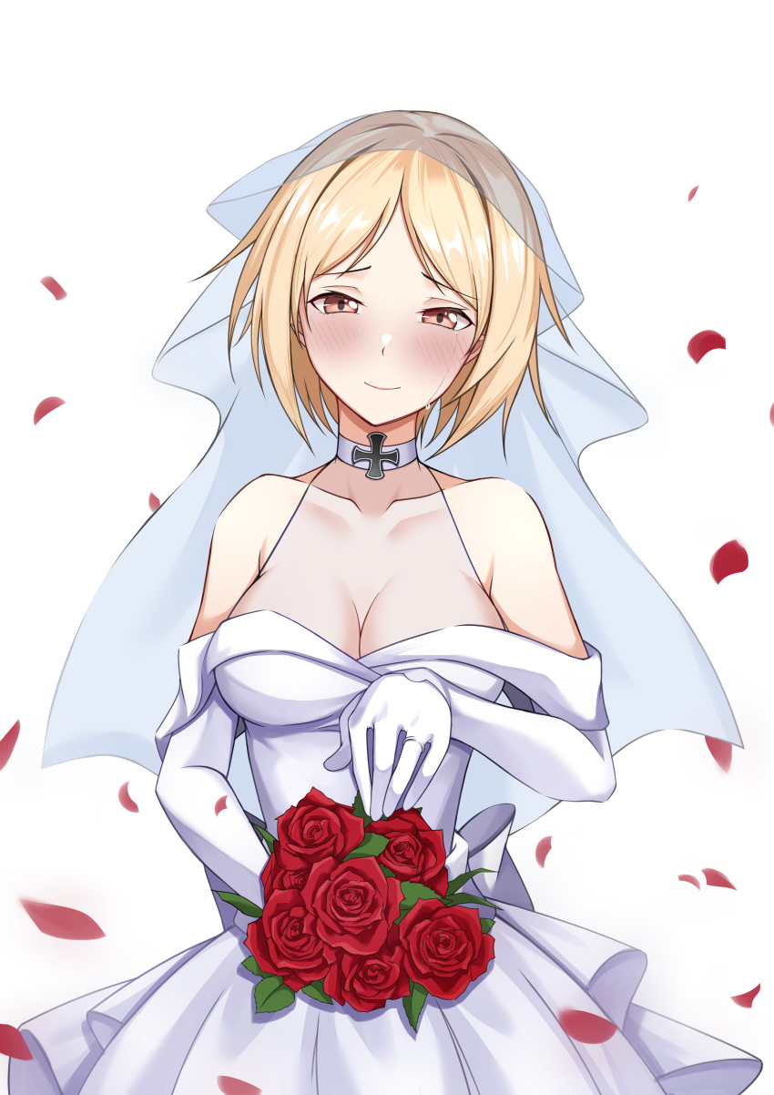 1girl absurdres blonde_hair breasts brown_eyes choker commission cross dress flower girls'_frontline gloves hakugin006 highres iron_cross jewelry looking_at_viewer mp40_(girls'_frontline) non-web_source ring rose wedding_band wedding_dress