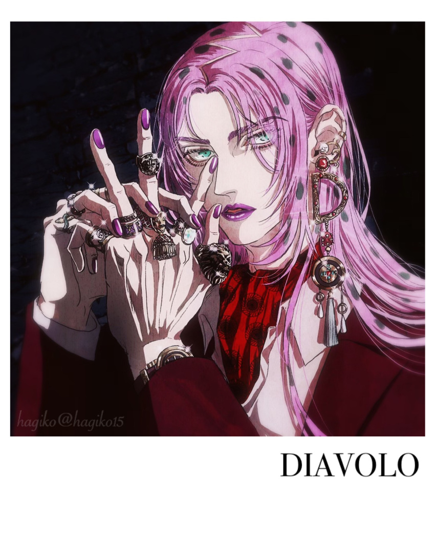 1boy aegyo_sal artist_name ascot black_background blue_eyes border character_name collared_shirt diavolo earrings eyelashes hagiko15 highres interlocked_fingers jewelry jojo_no_kimyou_na_bouken long_hair long_sleeves looking_at_viewer male_focus multiple_rings own_hands_together parted_bangs parted_lips pink_hair polka_dot_hair portrait purple_lips purple_nails red_ascot red_skirt ring shirt skirt solo twitter_username vento_aureo watch white_border white_shirt wristwatch