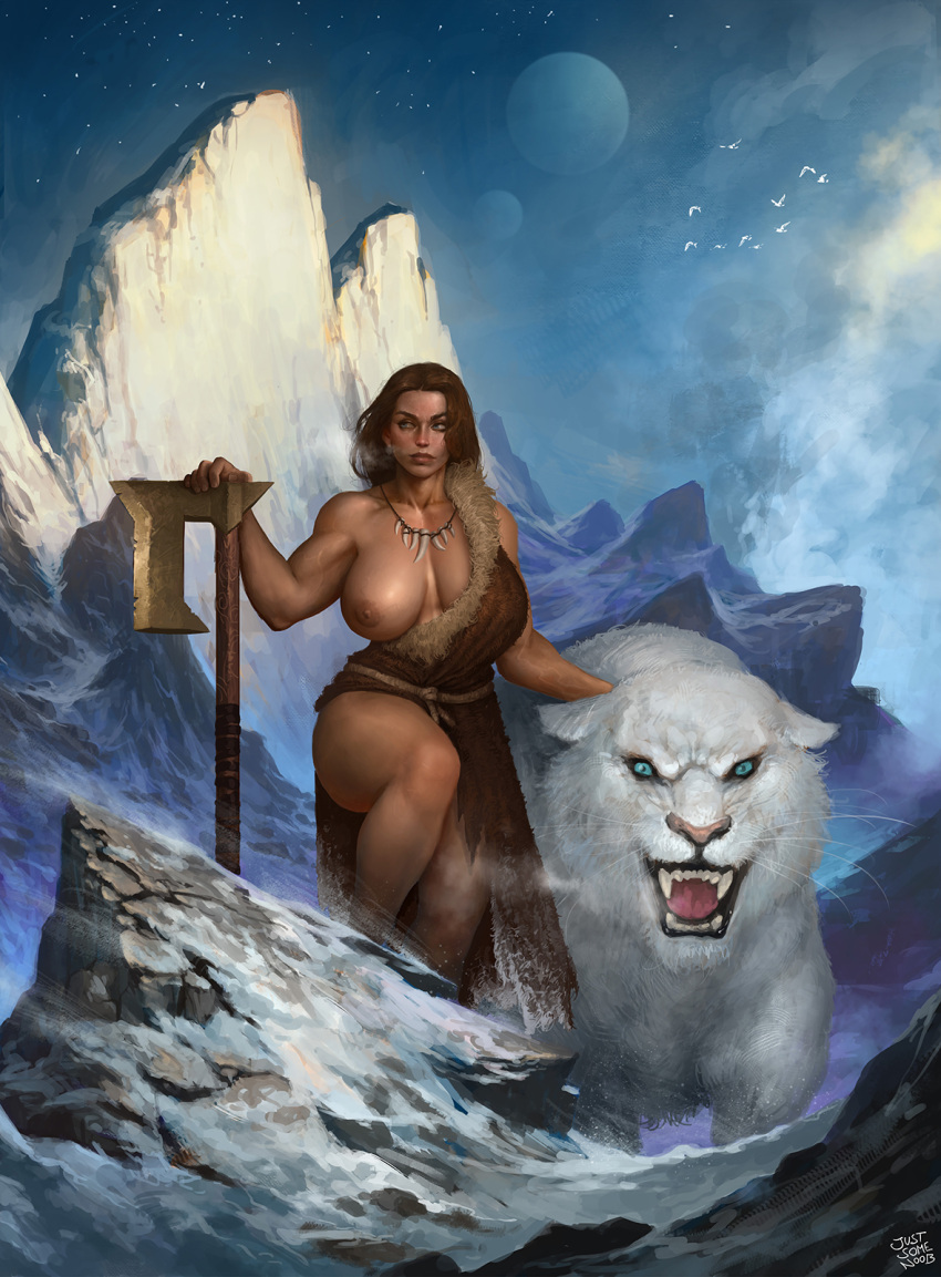 1girl amazon animal animal_request areolae artist_name axe battle_axe biceps bird blue_eyes breasts english_commentary highres jewelry justsomenoob large_breasts long_hair looking_away mature_female mountain multiple_moons muscular muscular_female necklace nipples one_breast_out original planet realistic sky snow thighs tooth_necklace veins veiny_breasts weapon