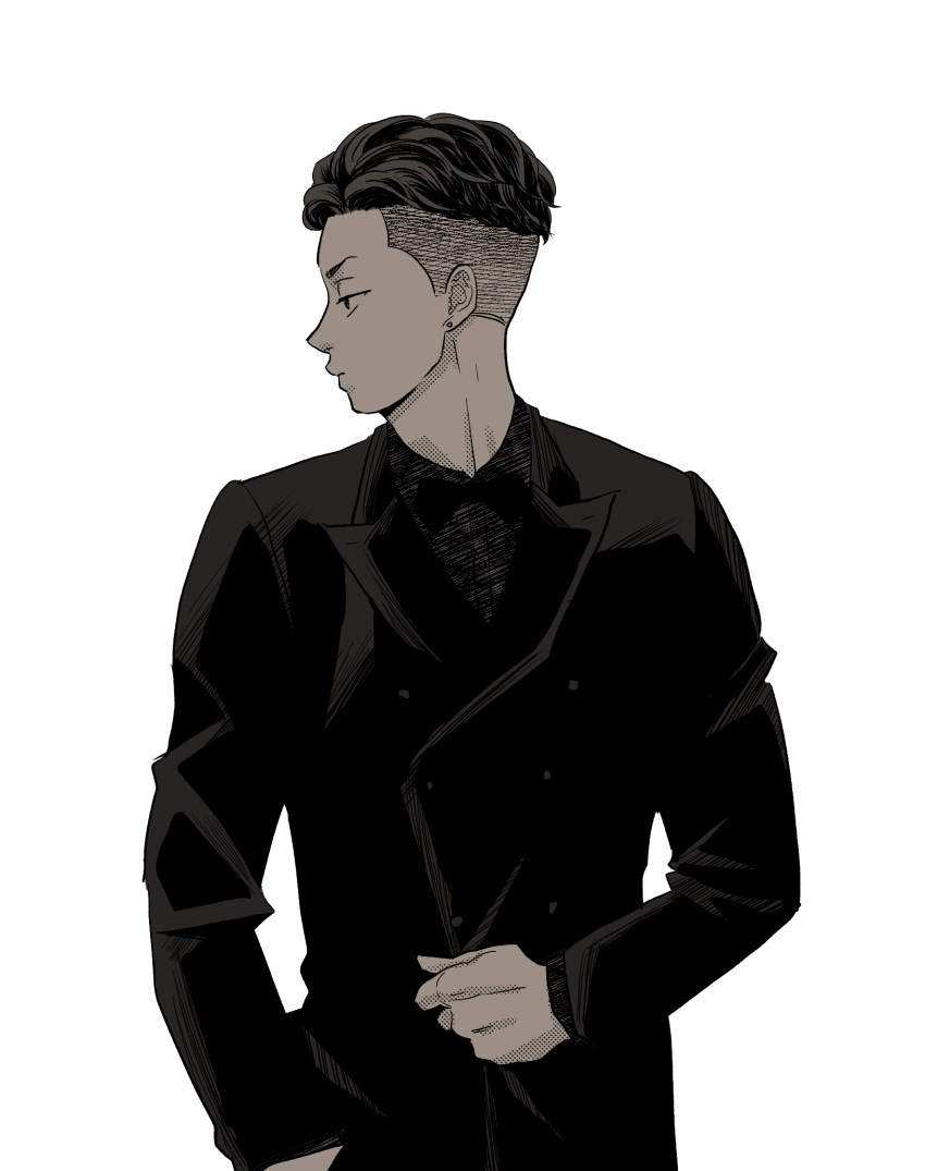1boy black_suit bow bowtie earrings greyscale haname_815 highres jewelry long_sleeves looking_to_the_side male_focus miyagi_ryouta monochrome short_hair simple_background slam_dunk_(series) solo standing stud_earrings suit