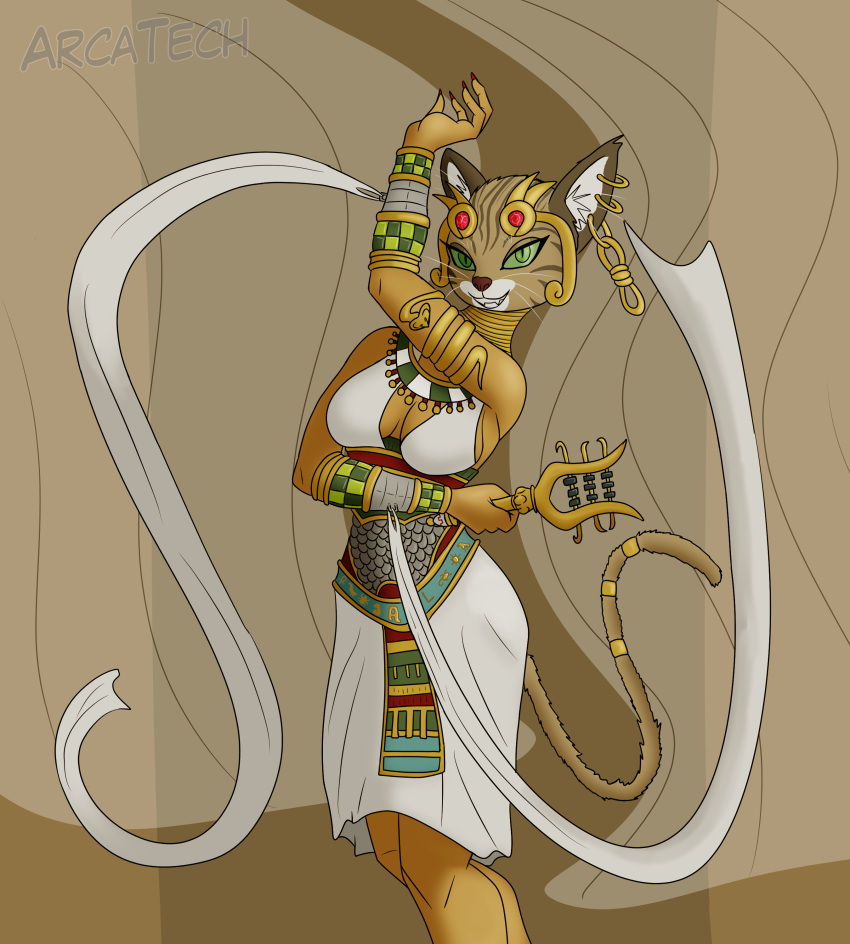 absurd_res age_of_mythology anthro arcatech bast clothing deity domestic_cat egyptian_mythology felid feline felis female gaming green_eyes hi_res mammal middle_eastern_mythology musical_instrument mythology tail