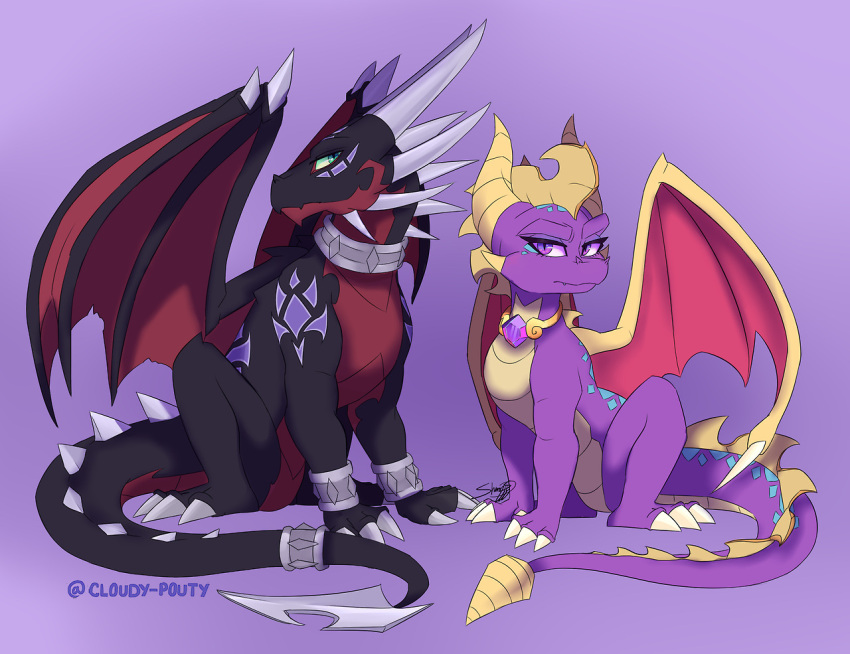 activision bracelet cloudypouty crossgender cynder digital_drawing_(artwork) digital_media_(artwork) dragon duo female feral jewelry male mythological_creature mythological_scalie mythology necklace scalie signature simple_background spyro spyro_reignited_trilogy spyro_the_dragon the_legend_of_spyro