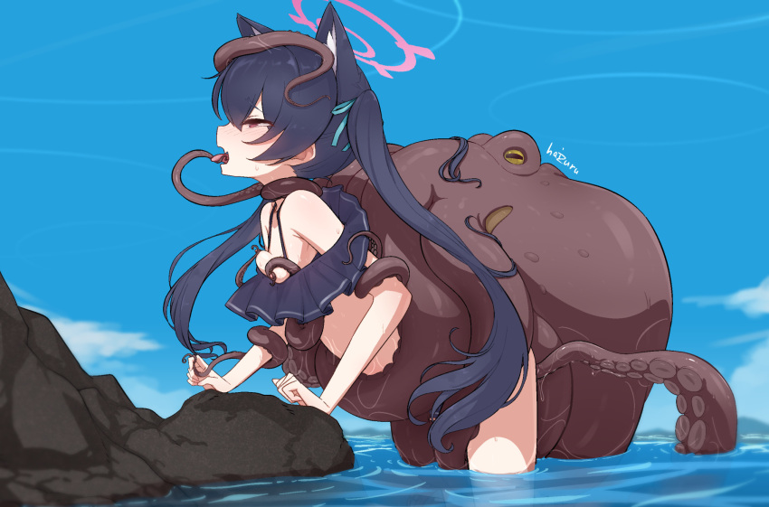 1girl animal_ear_fluff animal_ears bent_over bestiality bikini black_bikini black_hair blue_archive blue_sky blush breasts breasts_out cat_ears day extra_ears frilled_bikini frills from_side haizuru halo highres interspecies long_hair mouth_insertion octopus off-shoulder_bikini off_shoulder official_alternate_costume rape red_eyes restrained rock serika_(blue_archive) serika_(swimsuit)_(blue_archive) sky slime_(substance) small_breasts standing swimsuit tentacle_sex tentacles tongue tongue_grab tongue_out twintails vaginal wading water