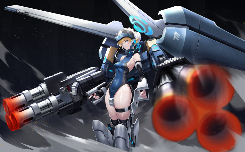 1girl blonde_hair blue_archive blue_eyes blue_halo blue_leotard blurry blurry_foreground breasts cannon depth_of_field earpiece fingerless_gloves gloves hair_bun halo headgear highres leotard looking_at_viewer machinery mecha moonface multiple_barrel_gun robot sideboob solo thigh_strap toki_(blue_archive) turret turtleneck turtleneck_leotard