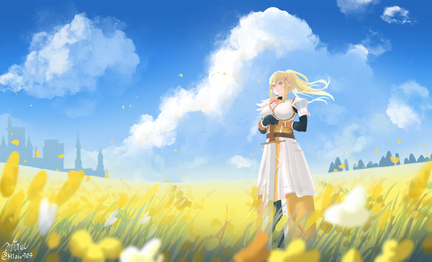 1girl absurdres armor black_gloves blonde_hair darkness_(konosuba) day dress field flower flower_field full_body gloves hair_ornament highres kono_subarashii_sekai_ni_shukufuku_wo! long_hair miaw907 planted planted_sword ponytail sky solo standing sword twitter_username weapon x_hair_ornament yellow_dress