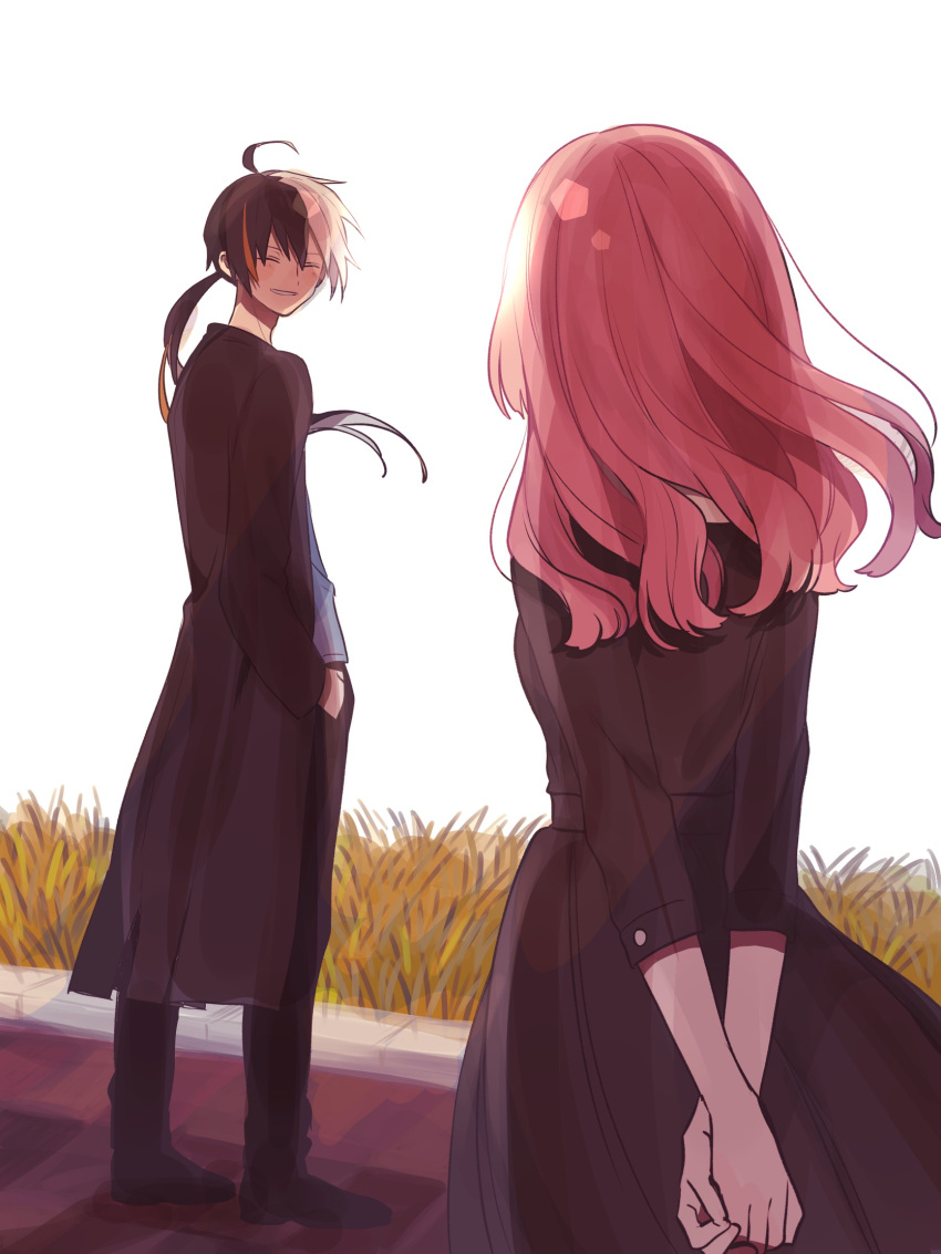 1boy 1girl ahoge arms_behind_back black_hair blush closed_eyes coat dress from_behind grin hand_in_pocket highres long_hair maco22 multicolored_hair original pink_hair ponytail red_hair smile streaked_hair