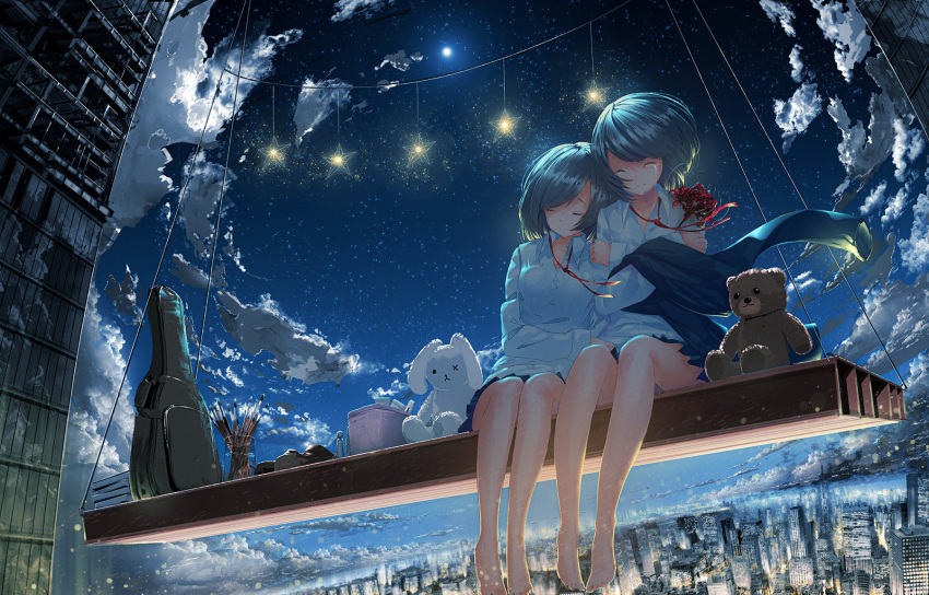 2girls bangs bare_legs bear black_hair blue_skirt blue_sky bucket building chocoshi cityscape closed_mouth cloud crying flower guitar_case hanging highres holding holding_flower horizon instrument_case leaning_on_person leaning_to_the_side light_smile long_sleeves moon moonlight multiple_girls neck_ribbon night night_sky one_eye_closed original paintbrush perspective pleated_skirt rabbit railing red_ribbon reflective_wall ribbon sad scaffolding scenery self_hug shirt shoes shoes_removed short_hair skirt sky skyscraper sleeping star_(sky) starry_sky stuffed_animal stuffed_bunny stuffed_toy teddy_bear white_shirt wind wind_lift window yuri