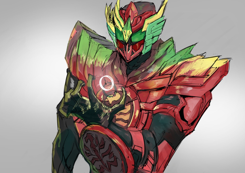 1boy armor feathers green_eyes helmet highres ichitaka_(1015ichitaka) kamen_rider kamen_rider_ooo kamen_rider_ooo_(series) male_focus red_feathers rider_belt solo tajador_(ooo_combo) tajador_eternity_(ooo_combo) upper_body