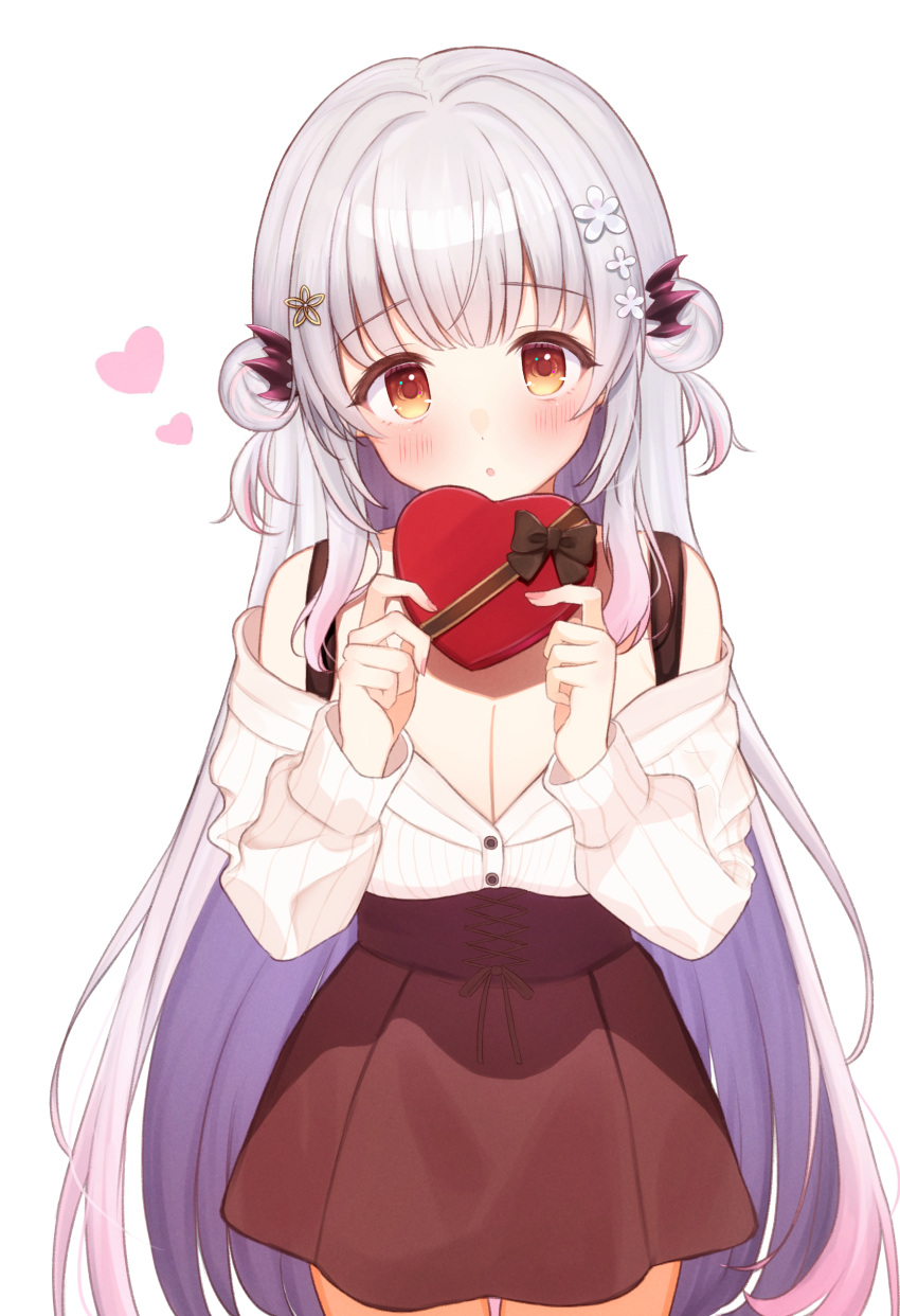 1girl absurdres blush box breasts brown_eyes cleavage daysss double_bun flower hair_bun hair_flower hair_ornament head_tilt heart heart-shaped_box highres holding holding_box indie_virtual_youtuber long_hair long_sleeves looking_at_viewer parted_lips skirt solo suou_patra two_side_up valentine very_long_hair virtual_youtuber white_hair