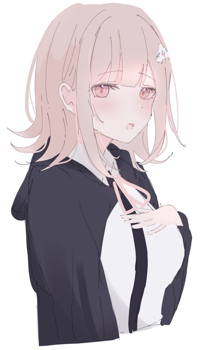 1girl :o absurdres black_jacket black_shirt breasts cropped_torso danganronpa_(series) danganronpa_2:_goodbye_despair hand_up highres jacket kori_ha large_breasts medium_hair nanami_chiaki neck_ribbon open_clothes open_jacket pink_eyes pink_ribbon ribbon shirt simple_background solo two-tone_shirt white_background white_shirt