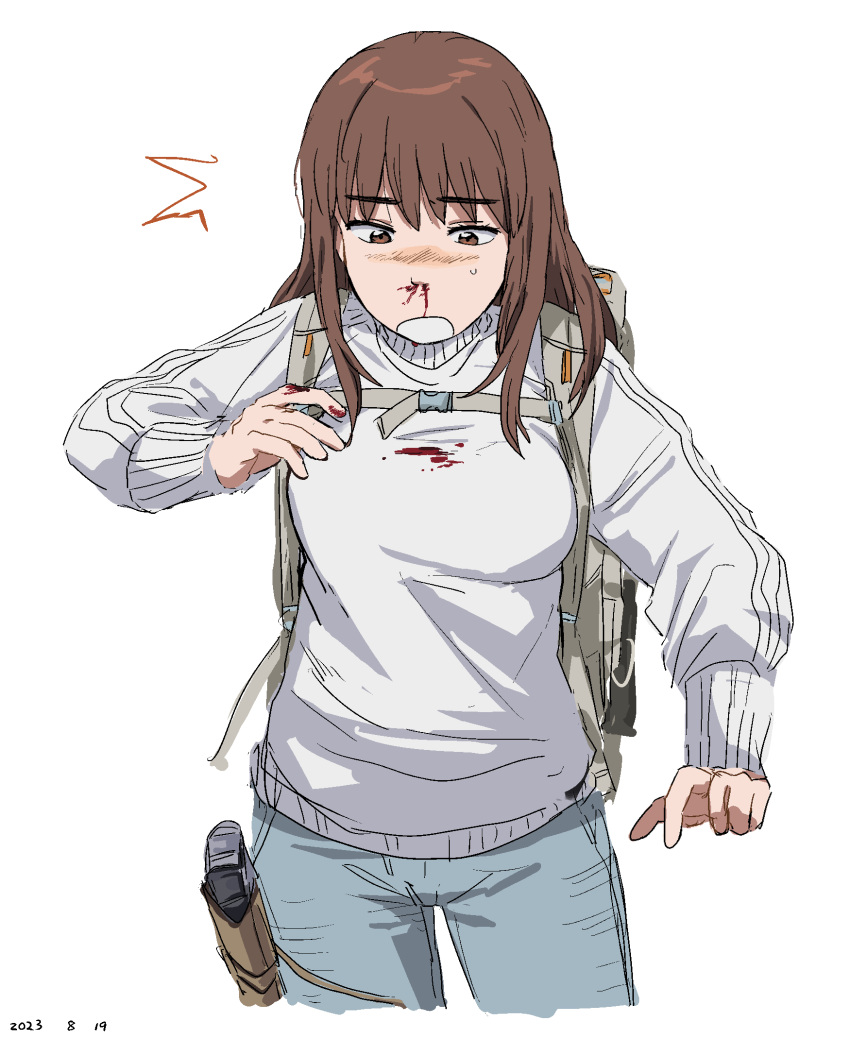 1girl backpack bag blood blood_on_clothes blood_on_hands brown_hair carabiner dated denim gun handgun highres hiking_backpack jeans kiruko_(tengoku_daimakyou) long_hair medium_bangs nosebleed pants small_sweatdrop solo sternum_strap sweater takatisakana tengoku_daimakyou weapon white_sweater