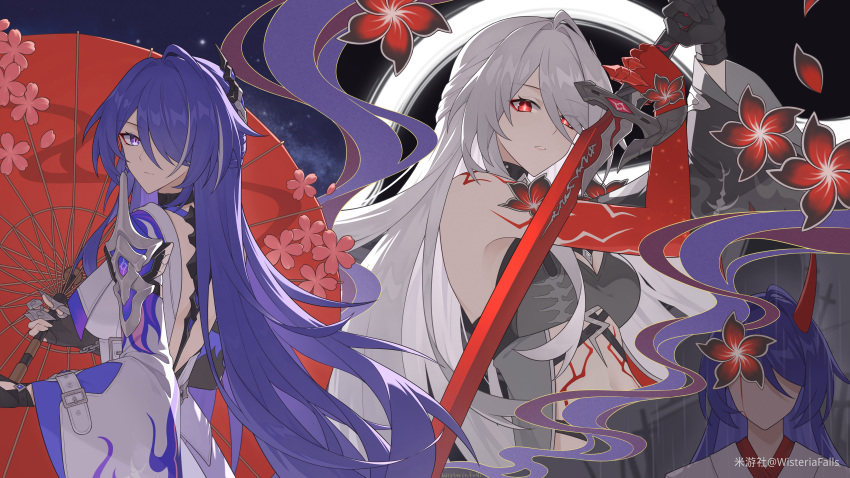 1girl absurdres acheron_(honkai:_star_rail) black_choker black_coat black_gloves black_hole body_markings choker coat detached_sleeves flower gloves hair_over_one_eye highres holding holding_sword holding_weapon honkai:_star_rail honkai_(series) horns japanese_clothes kimono long_hair midriff multicolored_hair multiple_views navel official_alternate_color official_alternate_costume oil-paper_umbrella purple_eyes purple_hair red_eyes red_flower red_umbrella single_bare_shoulder stomach streaked_hair sword umbrella weapon white_coat white_hair wisteriafalls