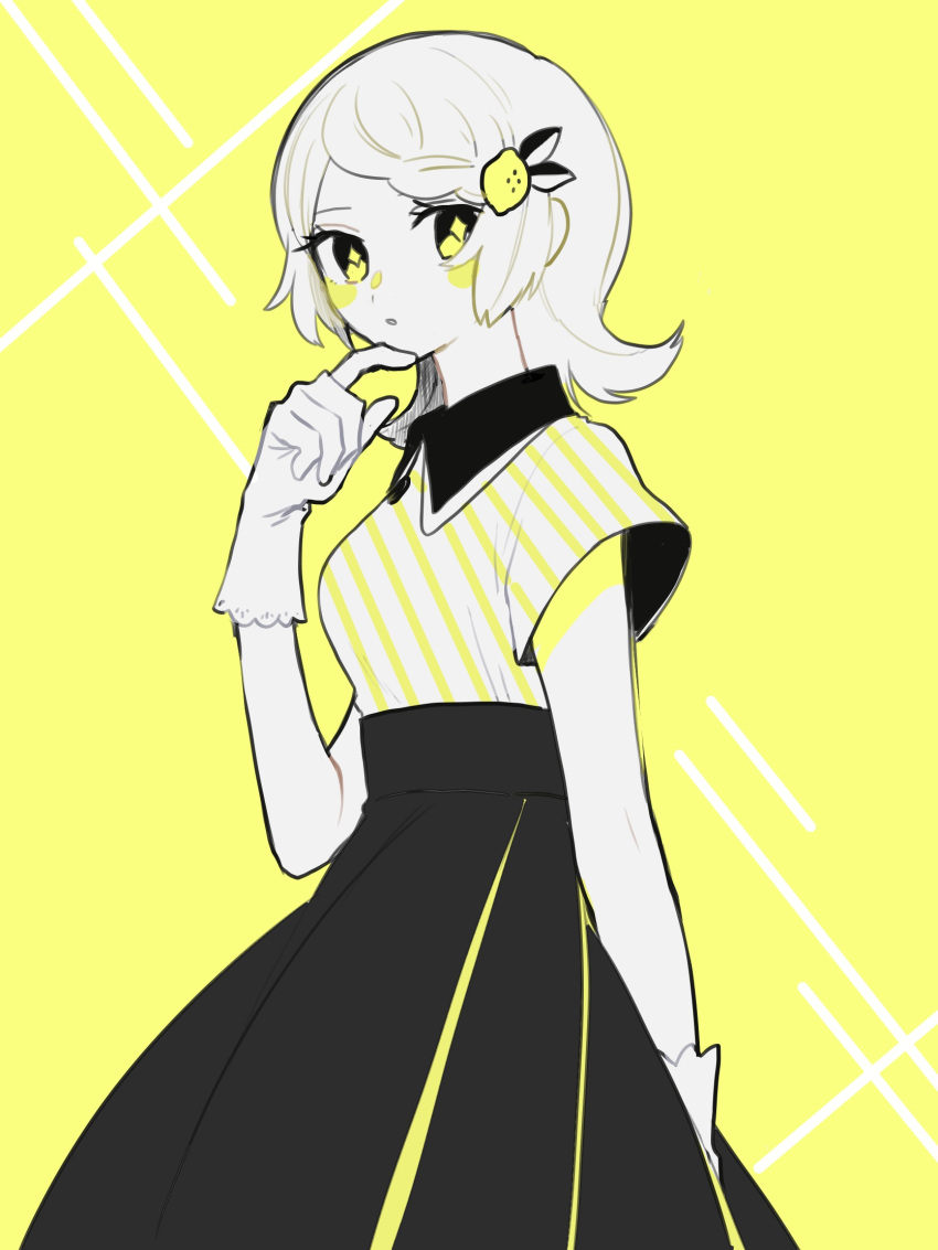 +_+ 1girl blush_stickers braid braided_bangs collared_shirt finger_to_own_chin flipped_hair food-themed_hair_ornament gloves hair_ornament high-waist_skirt highres index_finger_raised lemon_hair_ornament long_hair looking_at_viewer maco22 monochrome original parted_lips shirt shirt_tucked_in short_sleeves skirt solo yellow_background yellow_eyes yellow_theme