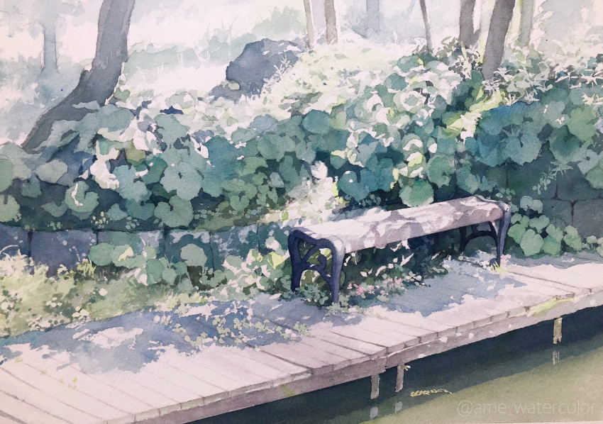 bench day highres no_humans original plant platform scenery shadow sunlight toyonaga_ryouhei water