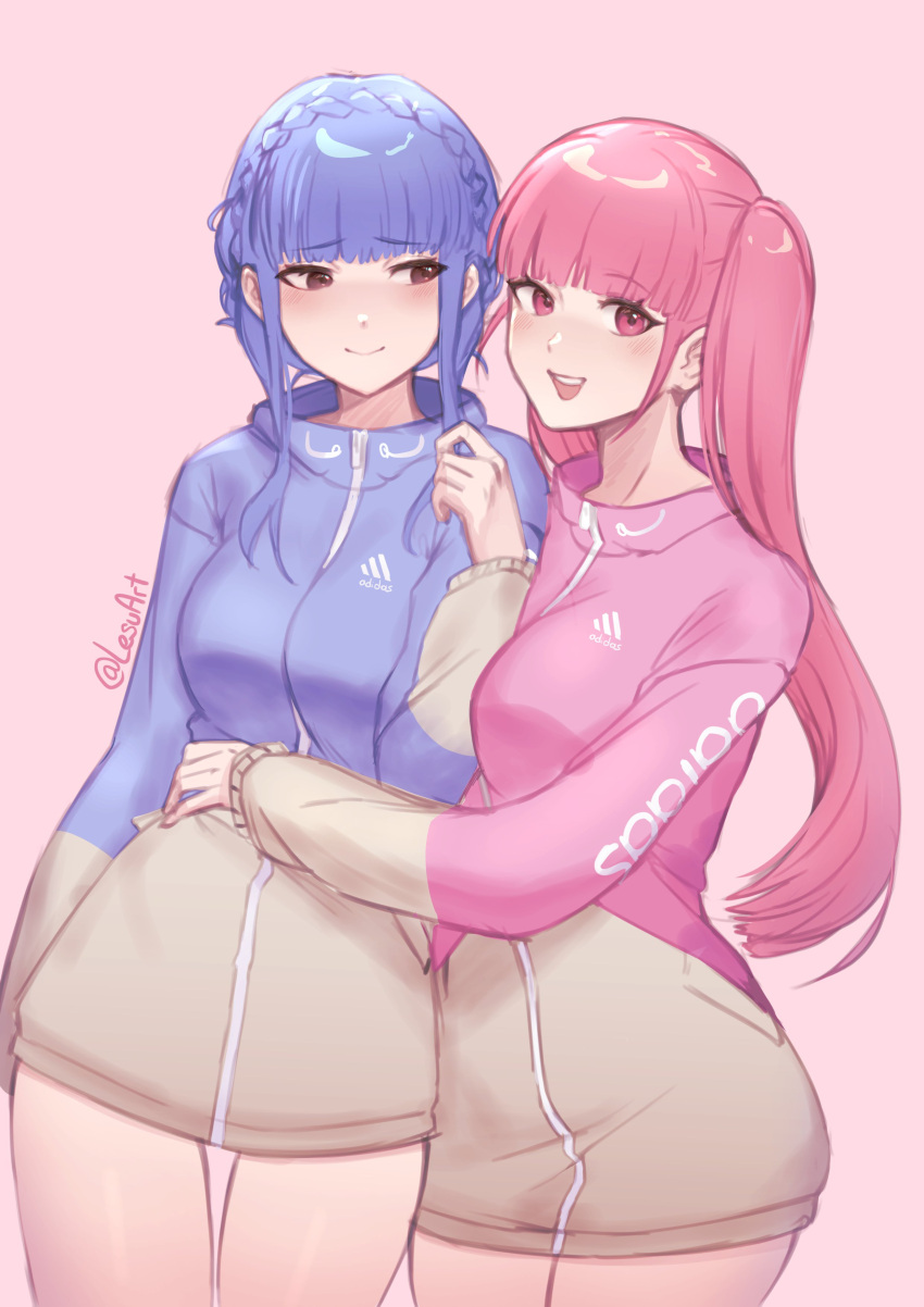 2girls :d absurdres artist_name blue_hair blue_sweater blunt_bangs braid breasts brown_eyes brown_sweater commentary crown_braid english_commentary fire_emblem fire_emblem:_three_houses highres hilda_valentine_goneril lesu looking_at_viewer marianne_von_edmund multiple_girls open_mouth pink_background pink_hair pink_sweater red_eyes simple_background smile standing sweater teeth twintails twitter_username two-tone_sweater upper_teeth_only