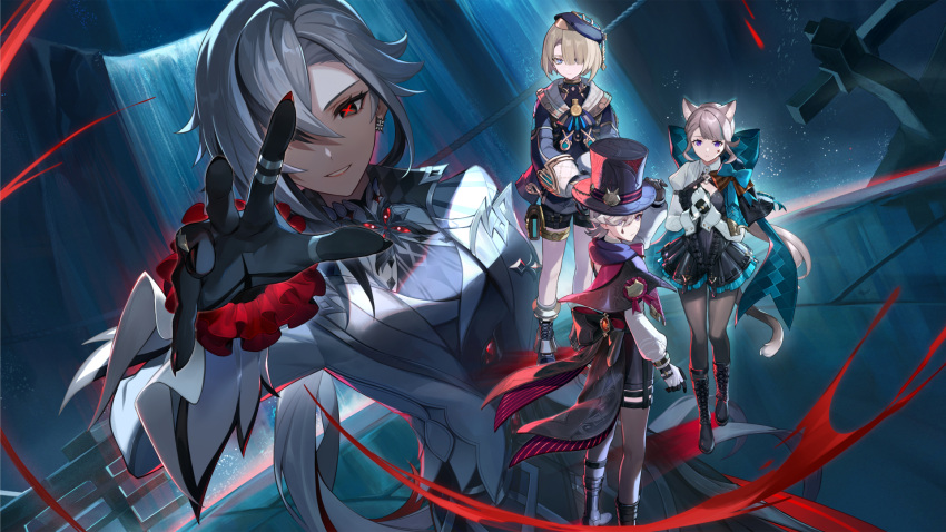 2boys 2girls animal_ears arlecchino_(genshin_impact) black_eyes black_hair bow breasts cat_ears cat_girl cat_tail coat commentary_request facial_mark freminet_(genshin_impact) full_body genshin_impact grey_hair hair_between_eyes highres long_hair long_sleeves looking_at_viewer lynette_(genshin_impact) lyney_(genshin_impact) multicolored_hair multiple_boys multiple_girls official_art purple_eyes red_pupils short_hair solo star_(symbol) star_facial_mark streaked_hair symbol-shaped_pupils tail white_hair x-shaped_pupils