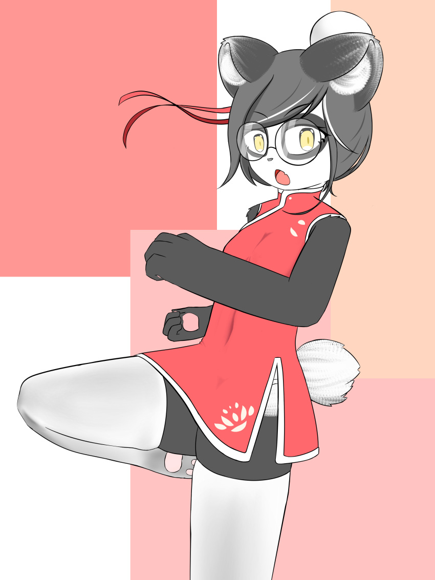 absurd_res anthro asian_clothing bear chinese_clothing clothing east_asian_clothing eyewear female footwear giant_panda glasses hi_res joupulee054 kung_fu lan_lan mammal pink_paws simple_background socks white_clothing white_footwear white_socks