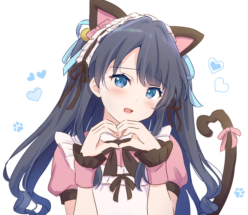 1girl :d absurdres alternate_costume alternate_hairstyle animal_ears apron black_ribbon blue_eyes blue_hair blue_ribbon blush cat_ears cat_tail collared_dress dark_blue_hair dress embarrassed enmaided fake_animal_ears fake_tail hair_ribbon head_tilt heart heart_hands heart_tail highres link!_like!_love_live! long_hair looking_at_viewer love_live! maid maid_headdress murano_sayaka neck_ribbon open_mouth paw_print pink_dress pink_ribbon puffy_short_sleeves puffy_sleeves ribbon short_sleeves simple_background smile solo tail tail_ornament tail_ribbon two_side_up white_apron white_background yutuki_ame