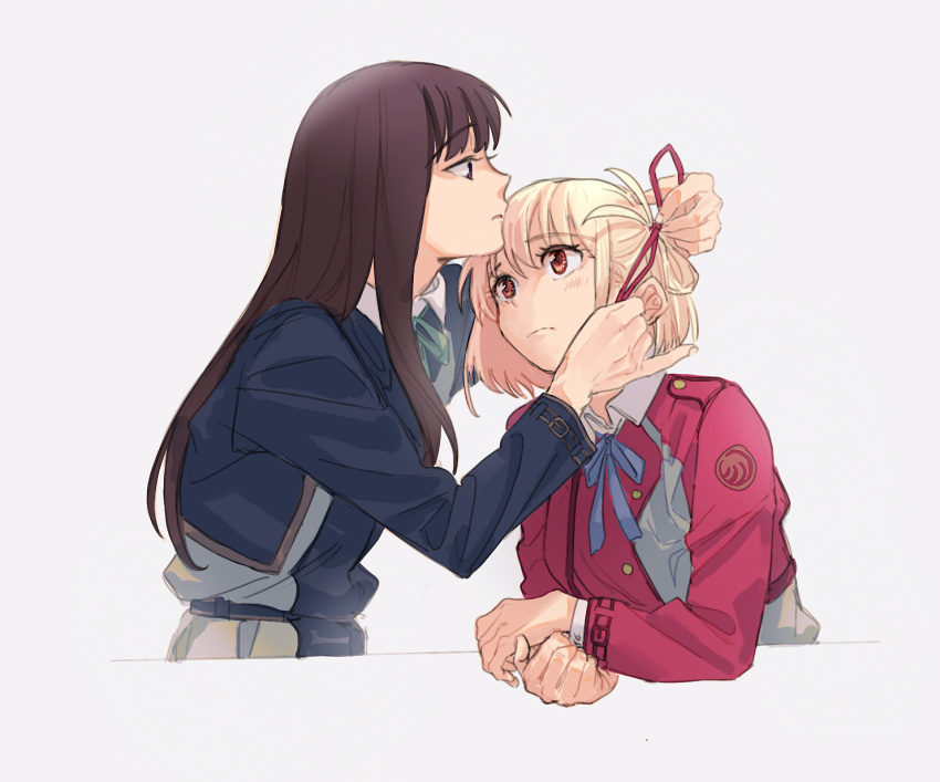 2girls black_hair blonde_hair blue_dress blue_ribbon blush closed_mouth commentary cropped_torso dress grey_background hair_ribbon highres inoue_takina koyomania long_hair long_sleeves looking_at_another lycoris_recoil lycoris_uniform medium_hair multiple_girls neck_ribbon nishikigi_chisato one_side_up parted_lips red_dress red_eyes red_ribbon ribbon simple_background tying_another's_hair upper_body yuri