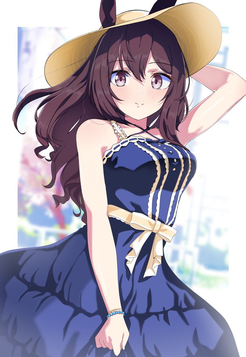 1girl absurdres animal_ears bare_arms bare_shoulders blue_dress blush bow breasts brown_hair closed_mouth collarbone commentary cowboy_shot criss-cross_halter dress halterneck highres horse_ears horse_girl long_hair looking_at_viewer mejiro_dober_(umamusume) mejiro_dober_(vacation_safir)_(umamusume) nerukichikatafukuma purple_eyes simple_background sleeveless sleeveless_dress solo umamusume white_bow