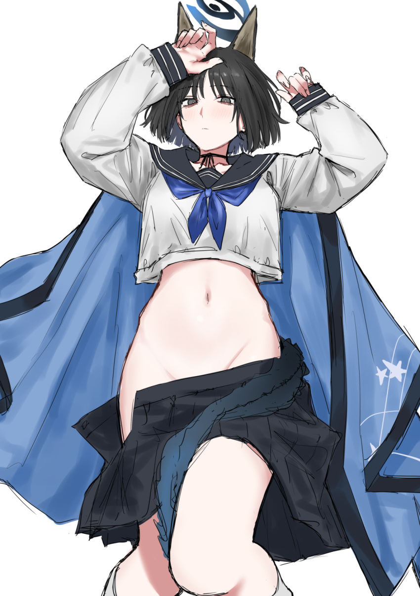 1girl aegyo_sal animal_ears black_choker black_eyes black_hair blue_archive blue_neckerchief blush cat_ears cat_tail choker clothes_pull collarbone cropped_shirt egomeshi extra_ears feet_out_of_frame halo haori highres japanese_clothes kikyou_(blue_archive) knee_up long_sleeves looking_at_viewer lying multiple_tails navel neckerchief no_panties on_back ribbon_choker sailor_collar school_uniform short_hair simple_background skirt skirt_pull socks solo stomach tail tail_wrap two_tails white_background white_socks