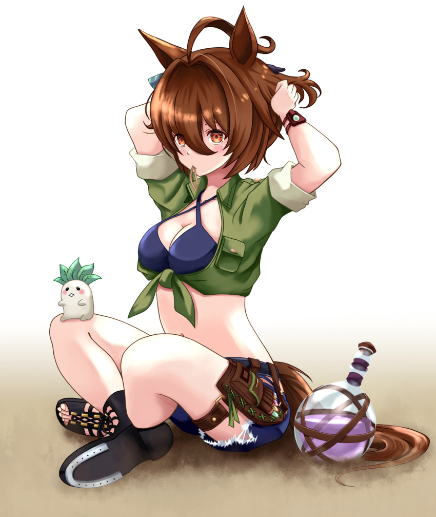 1girl adjusting_hair agnes_tachyon_(lunatic_lab)_(umamusume) agnes_tachyon_(umamusume) ahoge animal_ears bikini black_bikini black_footwear black_gloves breasts brown_hair cleavage commentary_request criss-cross_halter cross-laced_footwear denim denim_shorts flask gloves green_jacket hair_between_eyes halterneck highres horse_ears horse_girl horse_tail indian_style jacket kii-kun_(agnes_tachyon)_(umamusume) kuroneko86 looking_at_viewer medium_breasts official_alternate_costume open_clothes open_fly open_shorts partial_commentary red_eyes round-bottom_flask sandals short_hair shorts simple_background single_glove sitting sleeves_rolled_up smile solo swimsuit tail thigh_strap tied_jacket toenails toes umamusume white_background