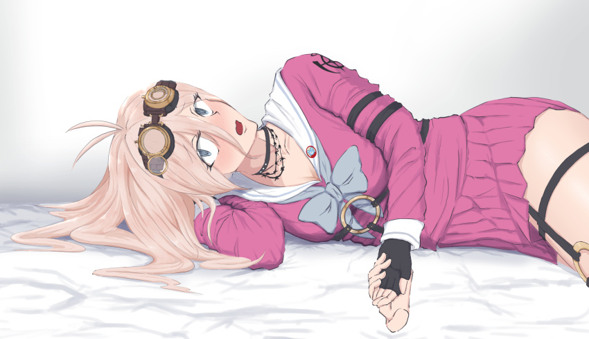 1girl antenna_hair blonde_hair blush breasts choker cleavage danganronpa_(series) danganronpa_v3:_killing_harmony fingerless_gloves gloves goggles goggles_on_head hair_between_eyes highres holding_hands iruma_miu large_breasts long_hair long_sleeves looking_at_viewer lying o-ring on_side open_mouth school_uniform shirt skirt solo_focus udon_shika