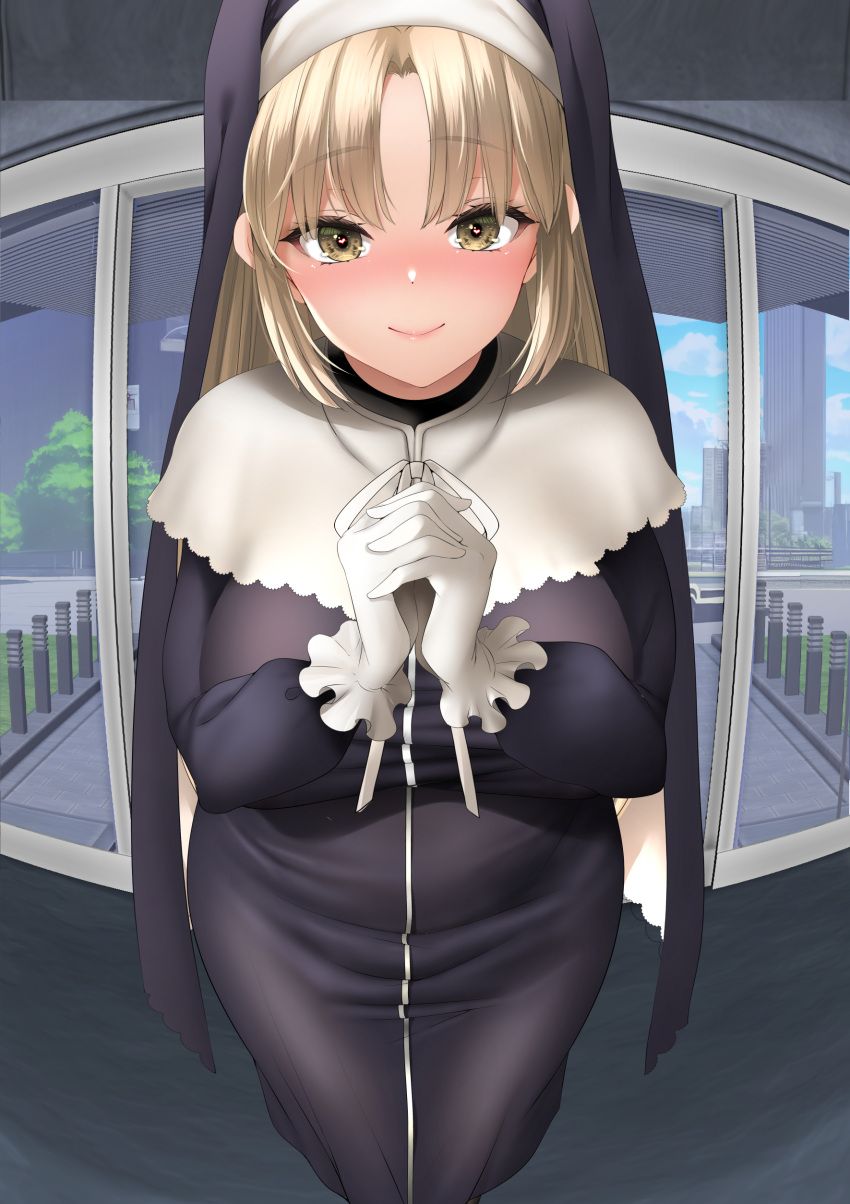 1girl absurdres black_dress blonde_hair blush breasts dress fisheye gloves hatori_mia heart heart-shaped_pupils highres long_hair looking_at_viewer nijisanji nun own_hands_together paid_reward_available sister_claire smile solo symbol-shaped_pupils veil white_gloves yellow_eyes