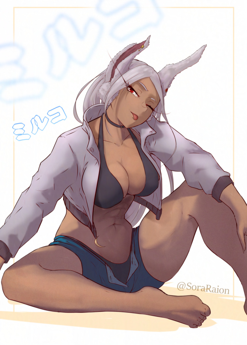 1girl ;p abs absurdres animal_ears barefoot bikini bikini_under_shorts black_bikini blue_shorts boku_no_hero_academia breasts cleavage collarbone commentary crescent cropped_jacket dark-skinned_female dark_skin earclip earrings english_commentary feet gem grey_jacket head_tilt highres jacket jewelry knee_up large_breasts long_eyelashes long_hair looking_at_viewer mirko mixed-language_commentary navel one_eye_closed open_fly parted_bangs rabbit_ears rabbit_girl red_eyes red_gemstone shorts sitting solo sora_raion spanish_commentary stomach swimsuit thighs toes toned tongue tongue_out twitter_username white_hair