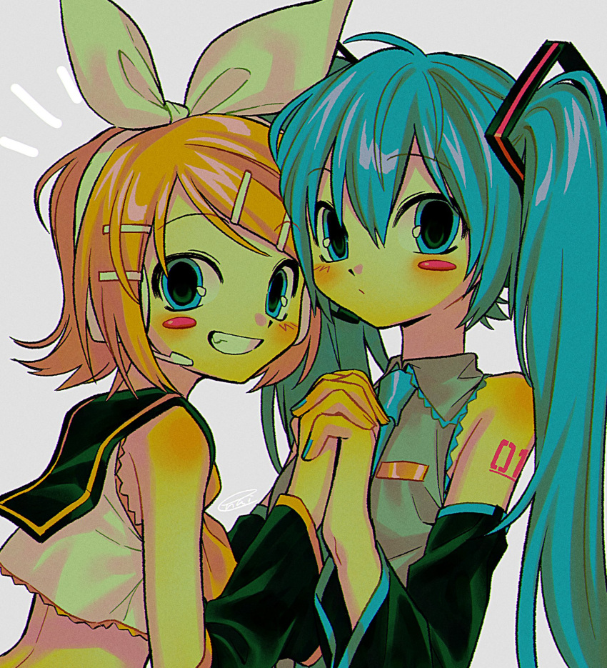 2girls blue_eyes blue_hair blush blush_stickers bow bow_hairband collared_shirt commentary crop_top detached_sleeves fang grin hair_bow hair_ornament hairband hairclip hatsune_miku headset highres holding_hands kagamine_rin long_hair long_sleeves looking_at_viewer menma_(enaic31) midriff multiple_girls nail_polish necktie sailor_collar shirt short_hair sleeveless sleeveless_shirt smile symbol-only_commentary twintails very_long_hair vocaloid