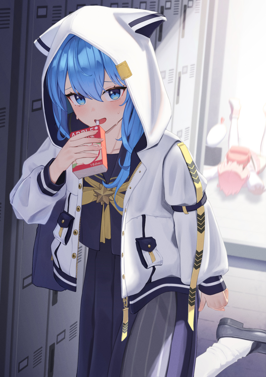 2girls absurdres ahoge alternate_costume alternate_hairstyle animal_hood black_footwear blue_eyes blue_hair bow cat_hood commentary_request ecli_xx fallen_down highres hololive hood hood_up hoshimachi_suisei hoshimachi_suisei_(school_uniform) jacket juice_box locker locker_room long_sleeves looking_at_viewer multiple_girls official_alternate_costume official_alternate_hairstyle open_clothes open_jacket open_mouth pink_hair sakura_miko sakura_miko_(school_uniform) smile solo_focus star_(symbol) star_in_eye symbol_in_eye virtual_youtuber yellow_bow