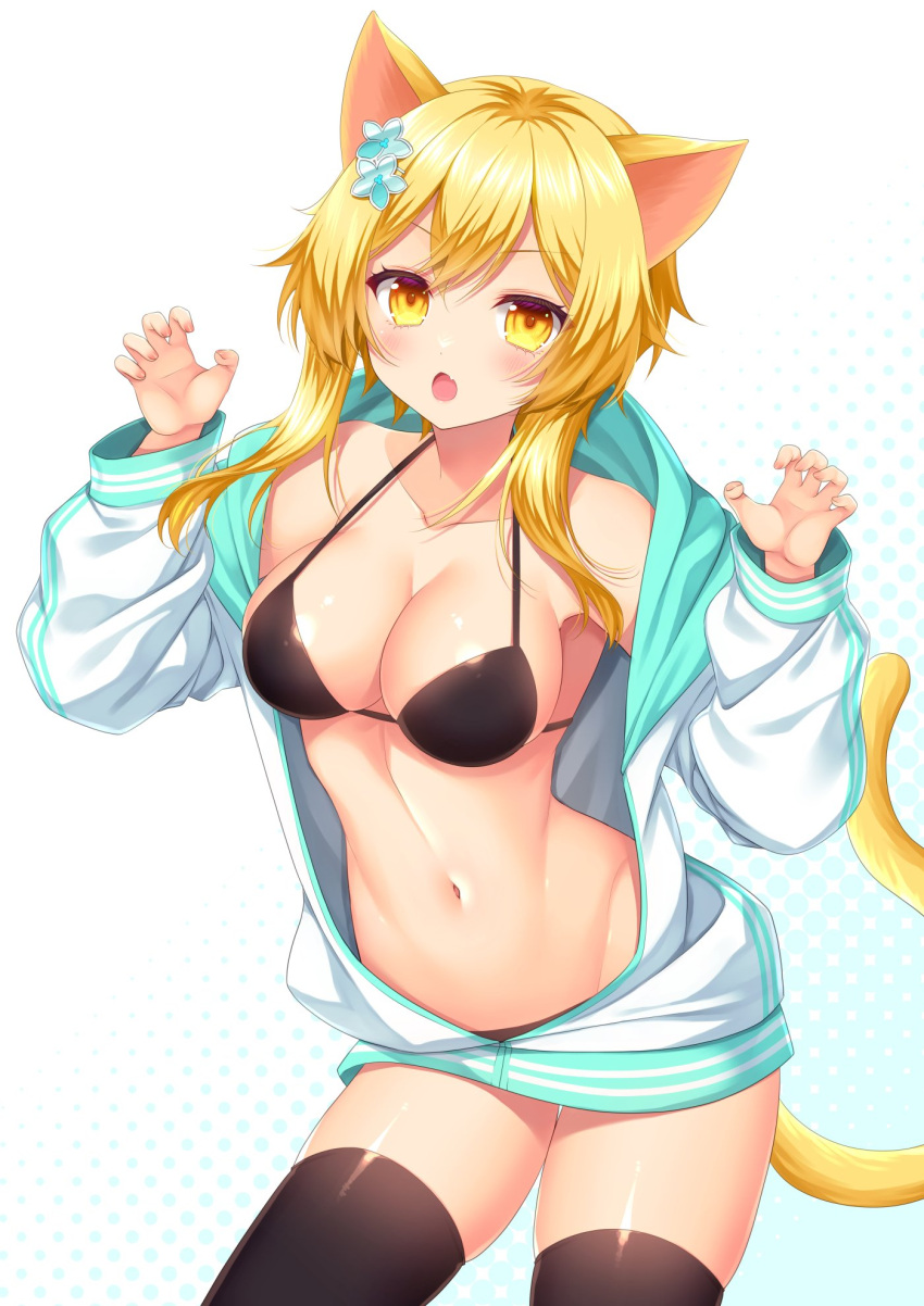 1girl :o almgnsn animal_ears bikini black_bikini black_thighhighs blonde_hair breasts cat_ears cat_tail flower genshin_impact hair_flower hair_ornament highres large_breasts looking_at_viewer lumine_(genshin_impact) navel open_mouth short_hair_with_long_locks solo swimsuit tail thighhighs white_flower yellow_eyes