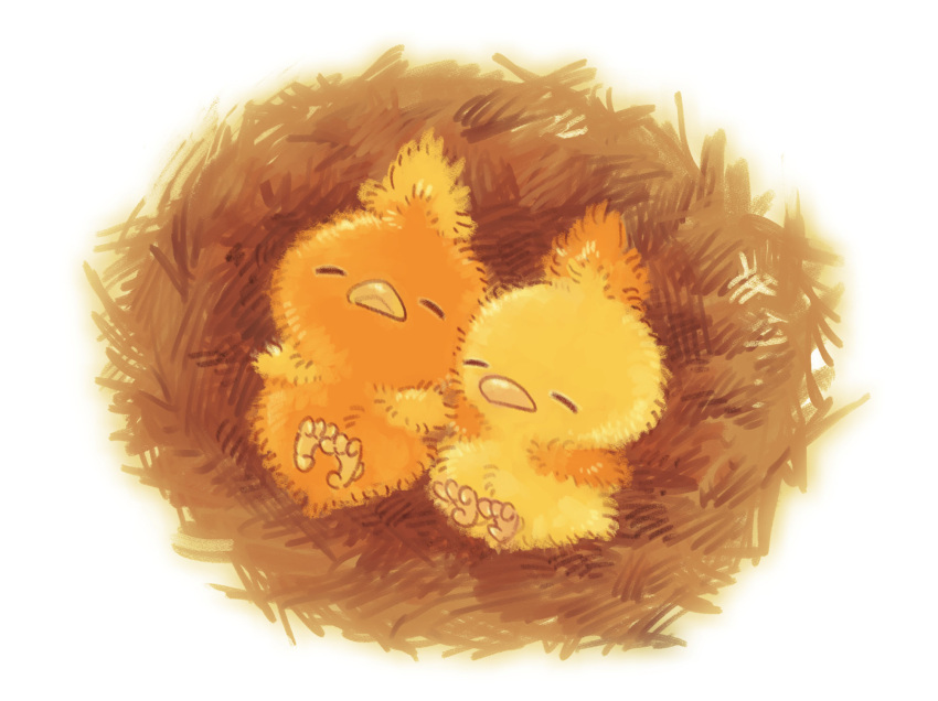 alternate_color animal_focus bird bird_nest chick closed_eyes facing_viewer from_above full_body highres lying no_humans on_back opipi_omame pokemon pokemon_(creature) shiny_pokemon side-by-side simple_background sleeping torchic white_background