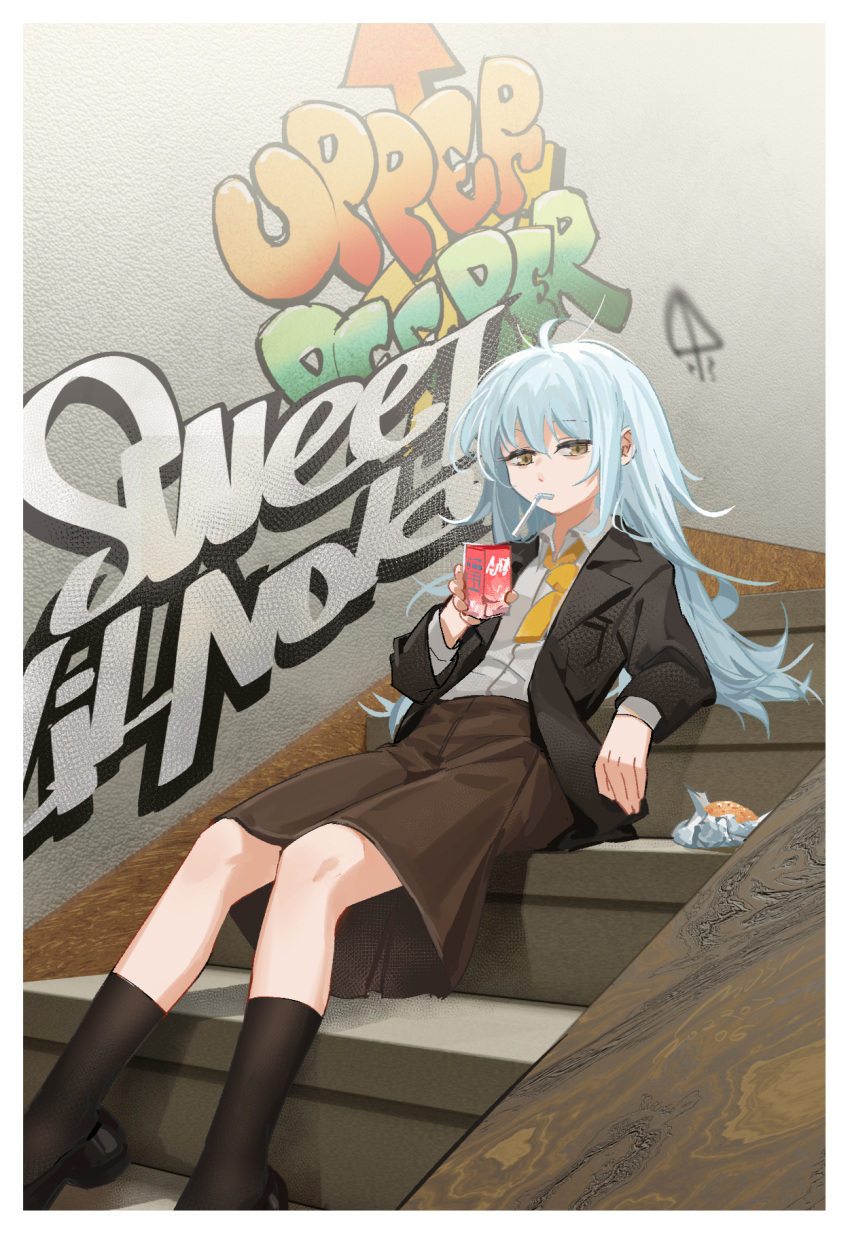 1girl black_socks blue_hair brown_eyes drinking_straw drinking_straw_in_mouth food g11_(girls'_frontline) girls'_frontline graffiti highres jacket kneehighs long_hair looking_at_viewer milk_carton mush necktie open_clothes open_jacket school_uniform sitting skirt socks solo stairs