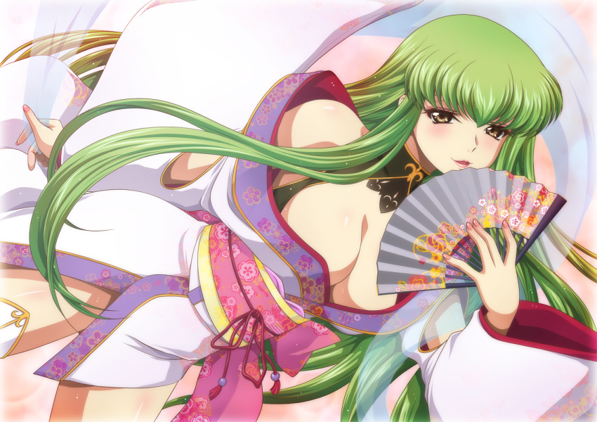 1girl :d blush c.c. code_geass green_hair hand_fan holding holding_fan japanese_clothes kaname_aomame kimono long_hair looking_at_viewer obi paper_fan pink_nails sash smile solo thighhighs white_thighhighs yellow_eyes