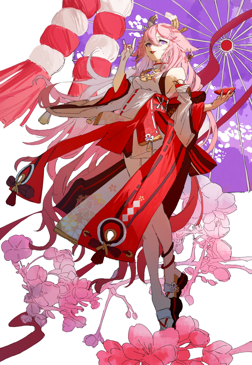 1girl absurdres animal_ear_piercing animal_ears breasts cup detached_sleeves floating_clothes floating_hair floral_background fox_ears fox_shadow_puppet genshin_impact hair_between_eyes hair_ornament hand_up highres holding holding_cup japanese_clothes kimono kurattes long_hair no_socks nontraditional_miko open_mouth pink_hair purple_eyes sakazuki sandals short_kimono sleeveless sleeveless_kimono smile solo very_long_hair yae_miko