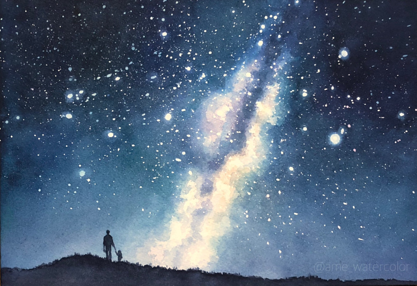 2boys child father_and_son galaxy highres hill holding_hands multiple_boys night night_sky original scenery sky star_(sky) starry_sky toyonaga_ryouhei