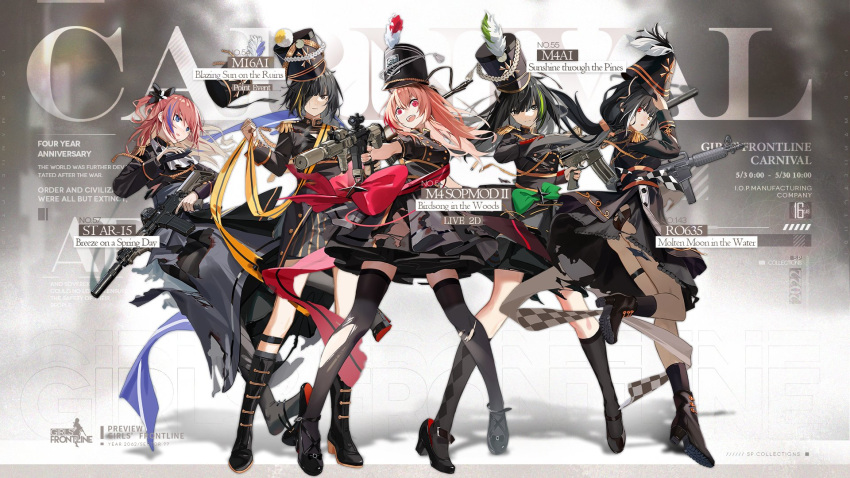 5girls anti-rain_(girls'_frontline) ar-15 artist_request assault_rifle bangs black_footwear black_gloves black_hair black_headwear black_legwear black_skirt blue_eyes boots bow breasts character_name closed_mouth copyright_name dress dress_bow english_commentary english_text euphonium eyebrows_visible_through_hair eyepatch feather_hair_ornament feathers girls'_frontline gloves green_bow grey_eyes gun hair_ornament hairband hat heterochromia highres holding holding_gun holding_weapon instrument long_hair looking_at_viewer m16a1 m16a1_(blazing_sun_on_the_ruins)_(girls'_frontline) m16a1_(girls'_frontline) m4_carbine m4_sopmod_ii m4_sopmod_ii_(birdsong_in_the_woods)_(girls'_frontline) m4_sopmod_ii_(girls'_frontline) m4a1_(girls'_frontline) m4a1_(sunshine_through_the_pines)_(girls'_frontline) marching_band medium_breasts mini_hat multicolored_hair multiple_girls nunuan official_alternate_costume official_art open_mouth pantyhose pink_hair promotional_art red_bow red_eyes rifle ro635 ro635_(girls'_frontline) ro635_(molten_moon_in_the_water)_(girls'_frontline) shoes skirt smile socks st_ar-15_(breeze_on_a_spring_day)_(girls'_frontline) st_ar-15_(girls'_frontline) standing standing_on_one_leg streaked_hair tape thighhighs torn_clothes torn_dress uniform weapon yellow_eyes